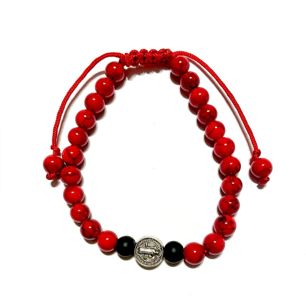 Red Howlite Adjustable Bracelet with Saint Benedict charm